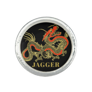 Red Gold Black Fantasy Chinese Dragon Monogram Ring