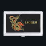 Red Gold Black Fantasy Chinese Dragon Silver Finis Business Card Holder<br><div class="desc">A fierce black Chinese dragon outlined in gold decorates this item. Red accents highlight the dragon's jaw,  head and spine. Your name is written in bold gold below.</div>