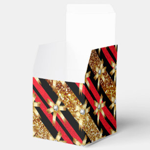 Red Gold & Black Faux Glitter Gold Diamond Bows Favour Box