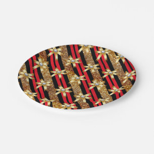 Red Gold & Black Faux Glitter Paper Plates