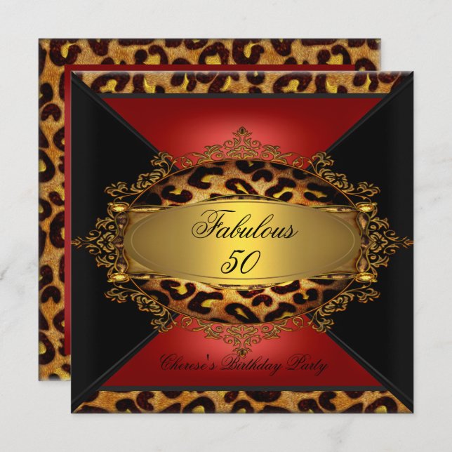 Red Gold Black Leopard Birthday Party 50th 50 2 Invitation (Front/Back)