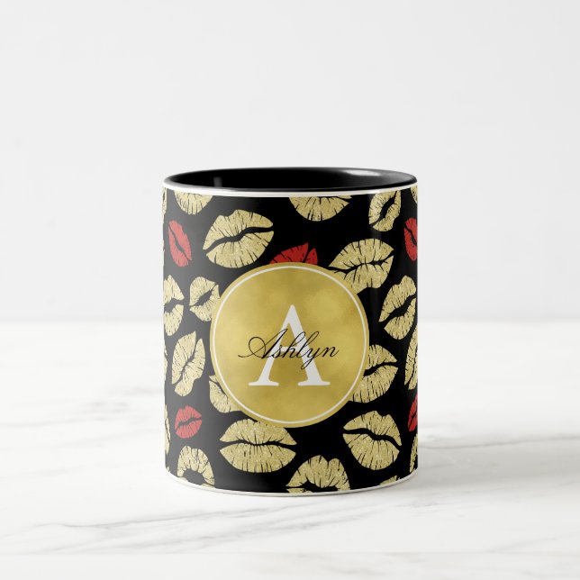 Red Gold Black Lips Abstract Monogram Two-Tone Coffee Mug (Center)