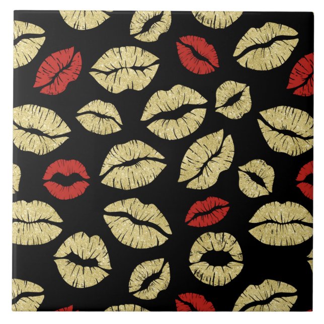 Red Gold Black Lips Kiss Tile (Front)