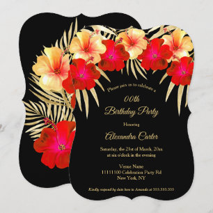 Red Gold Black Palms Hibiscus Floral Birthday Invitation