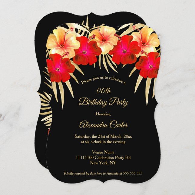 Red Gold Black Palms Hibiscus Floral Birthday Invitation (Front/Back)