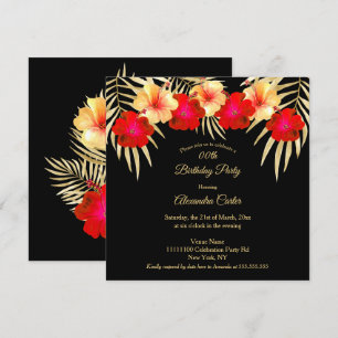 Red Gold Black Palms Hibiscus Floral Birthday sq Invitation