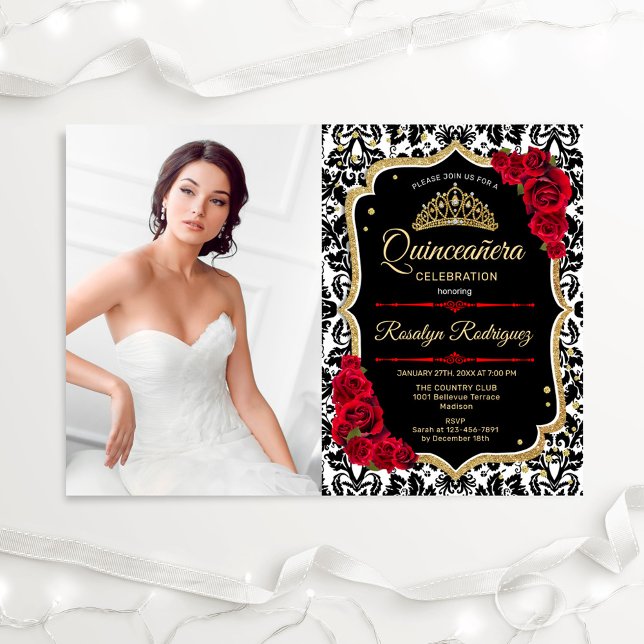 Red Gold Black Photo Quinceanera Invitation (Creator Uploaded)