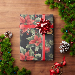 Red, Gold, Black Poinsettia Christmas   Wrapping Paper