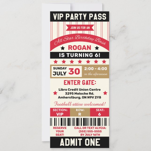 Red, Gold & Black Sports VIP Ticket Birthday Party Invitation (Front)