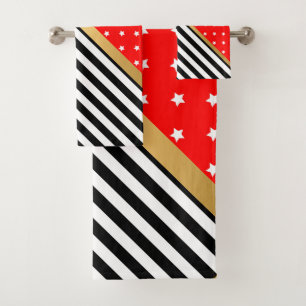 RED GOLD BLACK WHITE STAR & STRIPES BATHROOM TOWEL