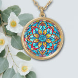 Red Gold Blue Mandala Stained Glass Gold Plated Necklace<br><div class="desc">On this necklace is a stunning mandala design in tones of bright blue,  gold,  and red. Be sure to see the matching earrings and key chain in our store.</div>