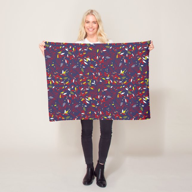 Red Gold Botanical Autumn Leaves Fleece Blanket (In Situ)