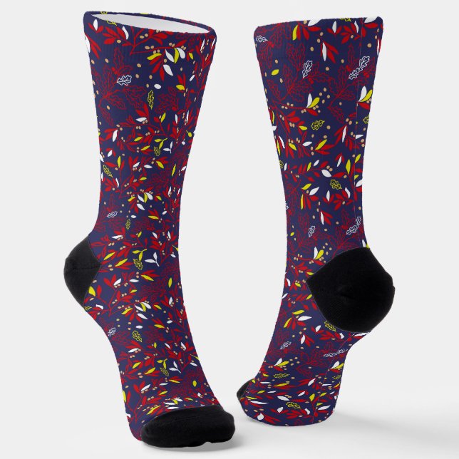 Red Gold Botanical Autumn Leaves Socks (Angled)