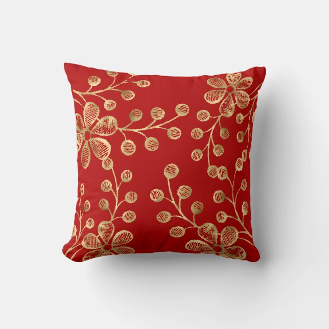 RED & GOLD BOTANICAL DOUBLE SIDED Cushion (Front)