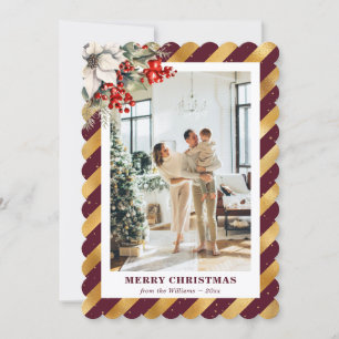 Red Gold Botanical Modern Photo Christmas Card