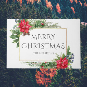 Red Gold Botanical Watercolor Christmas Holiday Doormat