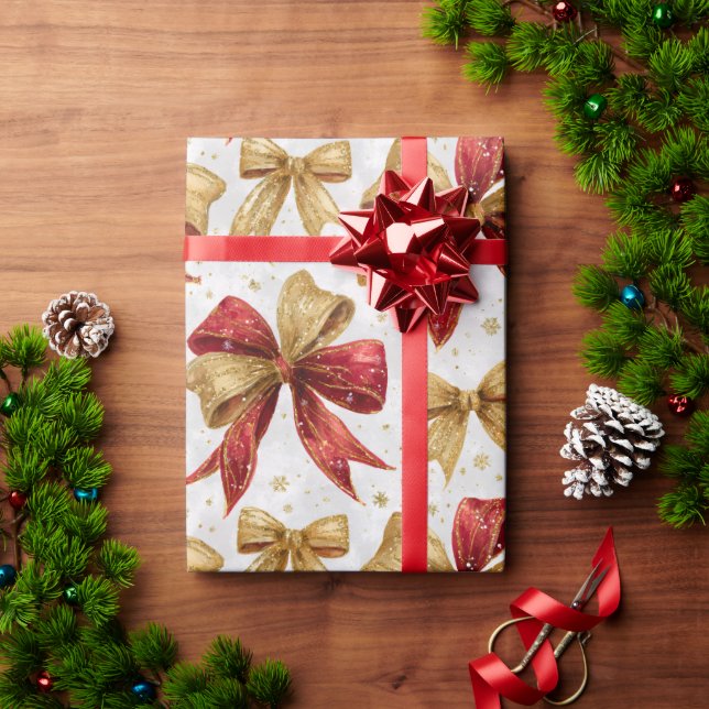 Red Gold Bows Christmas Wrapping Paper (Holiday Gift)