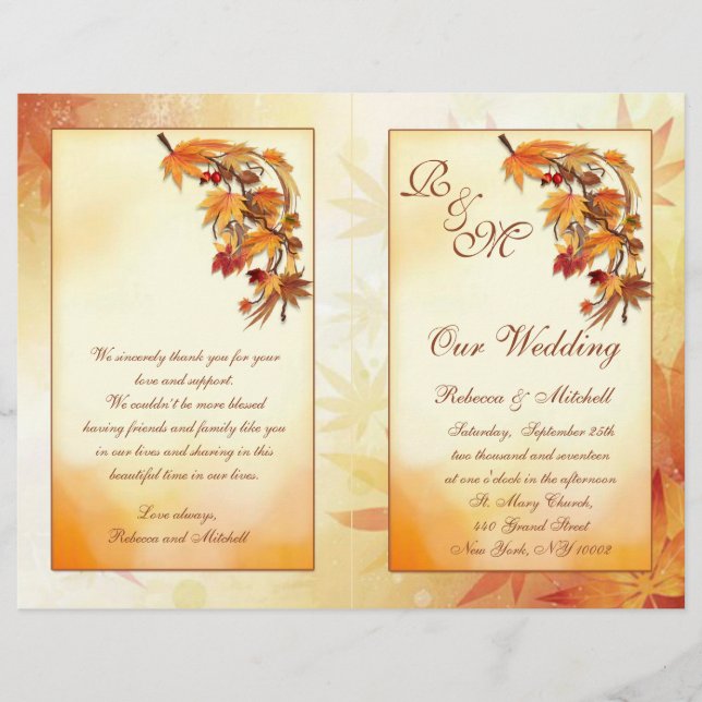 Red, gold, brown autumnal leaves Wedding Program (Front)