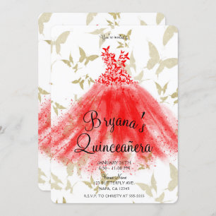 Red & Gold Butterfly Dance Dress Quinceañera    Invitation