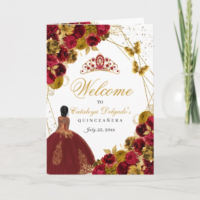 Red & Gold Butterfly Quinceanera Program Invitation (Front)