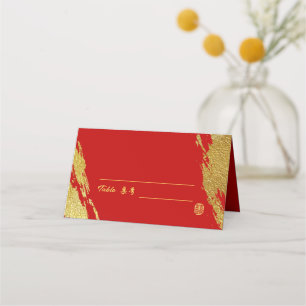 Red gold calligraphy brush stroke chinese wedding place card