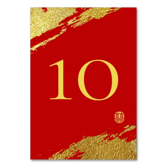 Red gold calligraphy brush stroke chinese wedding table number (Front)