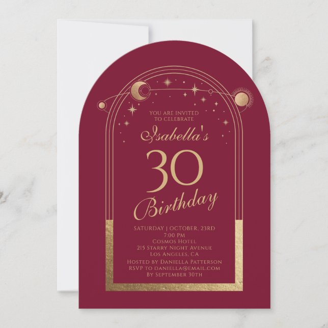 Red Gold Celestial 30th Birthday Party Invitation (Front)