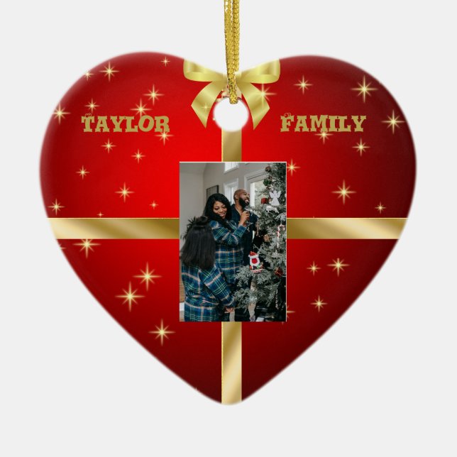 Red & Gold Ceramic Heart Photo Ornament (Front)