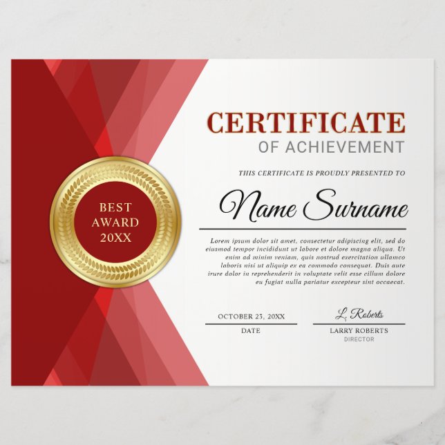 Red & Gold Certificate of Achievement Award (Front)