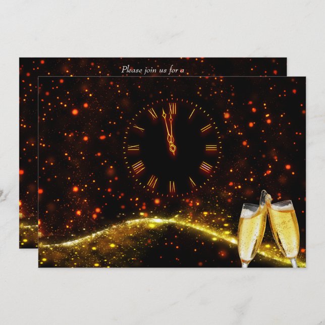 Red, Gold Champagne & Clock New Year's Eve Invitation (Front/Back)