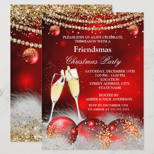 Red Gold Champagne Friendsmas Christmas Party Invitation (Front/Back)