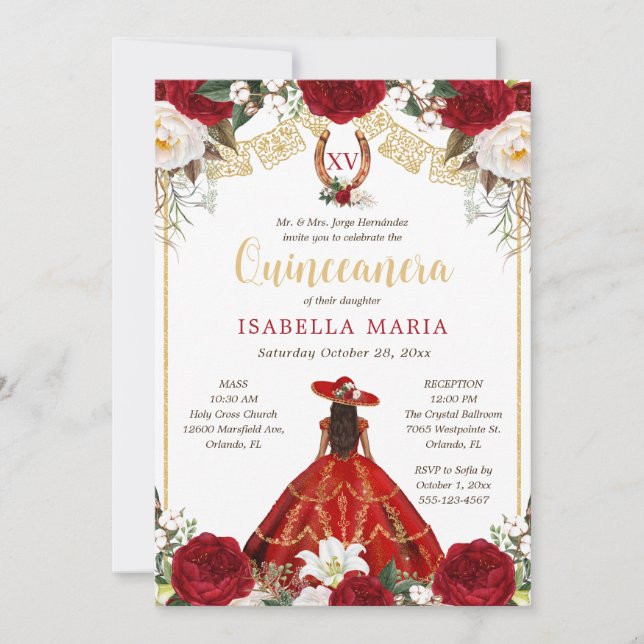 Red & Gold Charra with Photo Mexican Quinceañera Invitation (Front)
