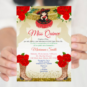 Red gold Charro Quinceañera Invitation