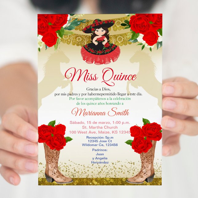 Red gold Charro Quinceañera Invitation (Creator Uploaded)