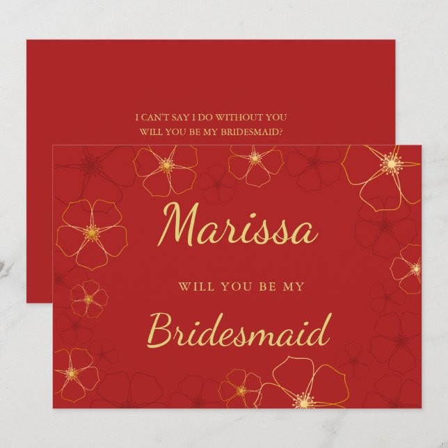 Red Gold Cherry Blossoms Bridesmaid Proposal Card (Front/Back)