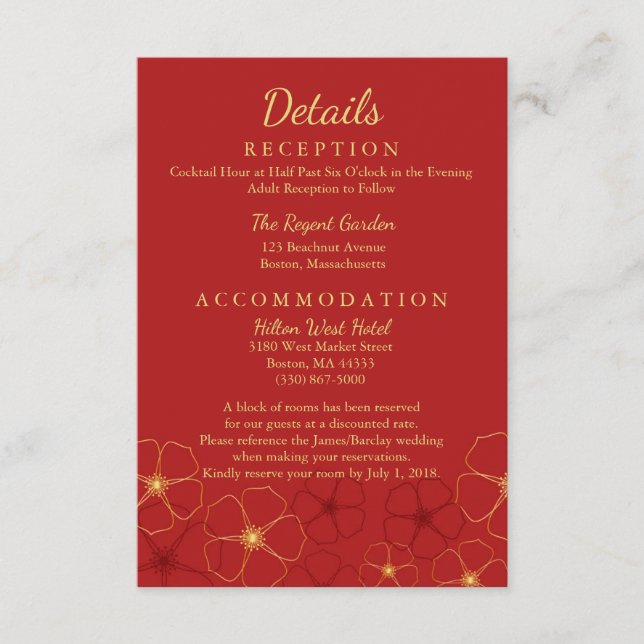 Red Gold Cherry Blossoms Wedding Details Enclosure Card (Front)