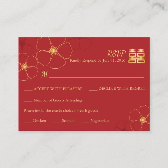 Red & Gold Cherry Blossoms Wedding RSVP Card (Front)