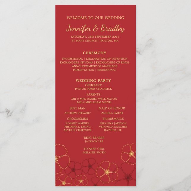 Red Gold Cherry Blossoms Wedding Timeline Programme (Front)