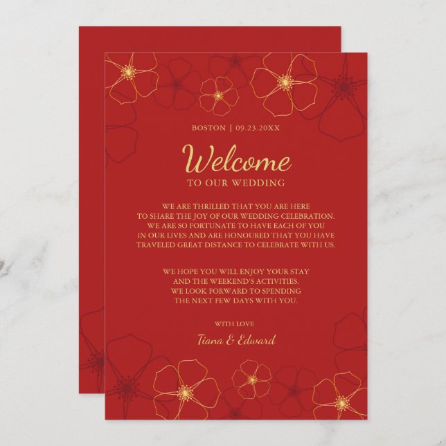 Red Gold Cherry Blossoms Wedding Welcome Note Invitation (Front/Back)