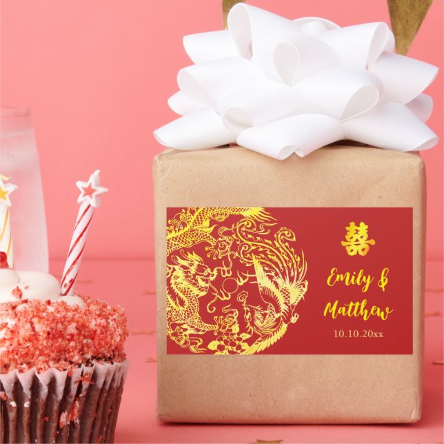 Red gold Chinese Dragon and Phoenix logo wedding Rectangular Sticker (Party)