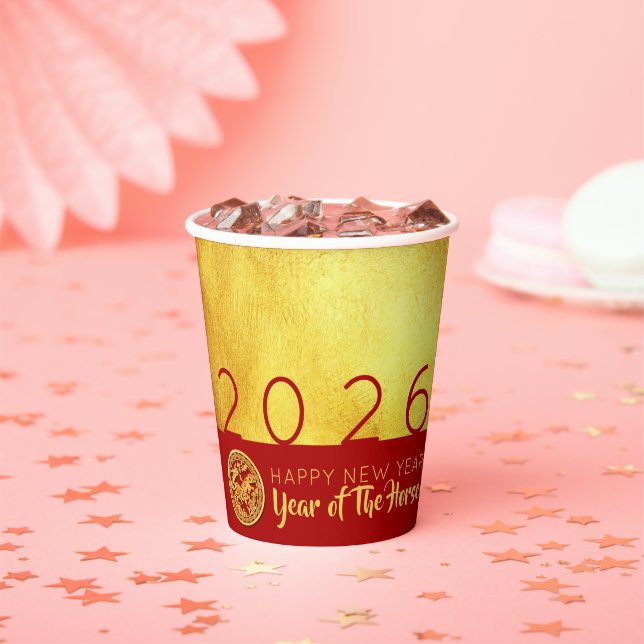 Red Gold Chinese Horse paper-cut 2026 PC Paper Cups (Insitu)