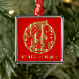 Red Gold Chinese New Year of Rabbit Metal Tree Decoration