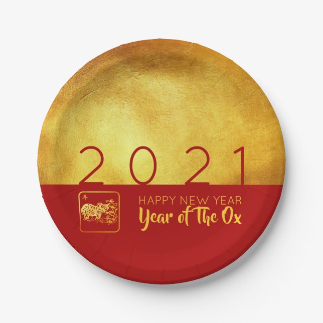 Red Gold Chinese Ox paper-cut 2021 PP Paper Plate (Front)