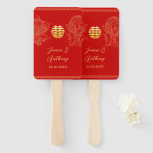 Red gold Chinese wedding dragon and phoenix Hand Fan