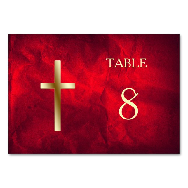 Red Gold Christian Cross Table Number (Front)