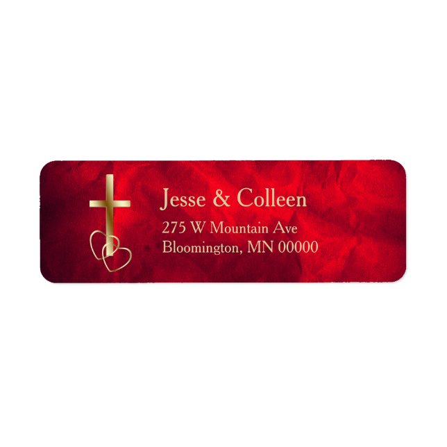 Red Gold Christian Cross Wedding Return Label (Front)