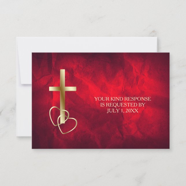 Red Gold Christian Cross Wedding RSVP (Front)