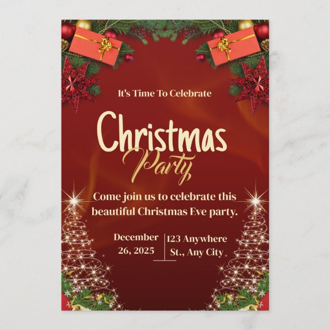 Red & Gold Christmas Eve Party Invitation Card (Front)