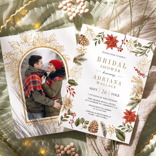 Red Gold Christmas Floral Photo Bridal Shower Invitation (Creator Uploaded)