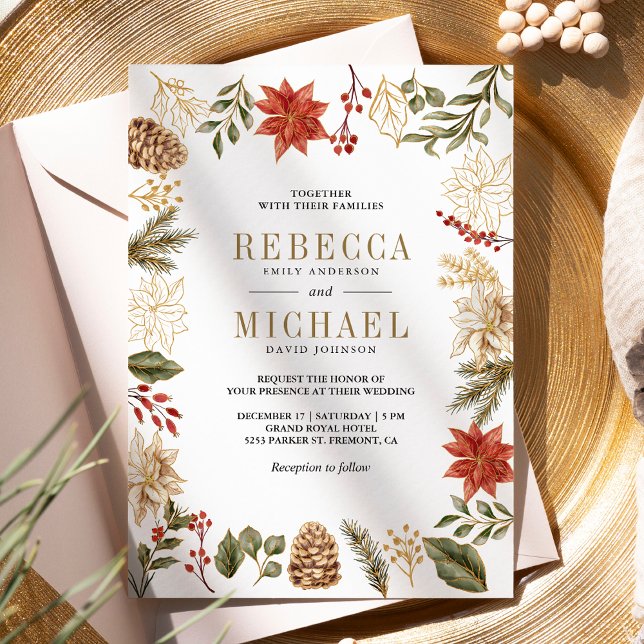 Red Gold Christmas Floral Photo QR Code Wedding Invitation (Creator Uploaded)